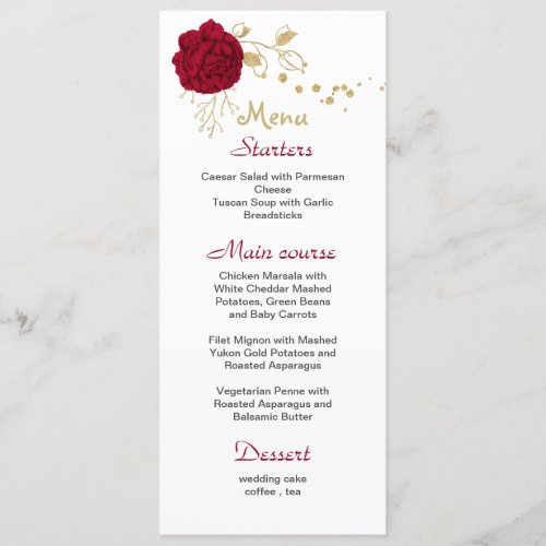 burgundy flower gold white wedding menu