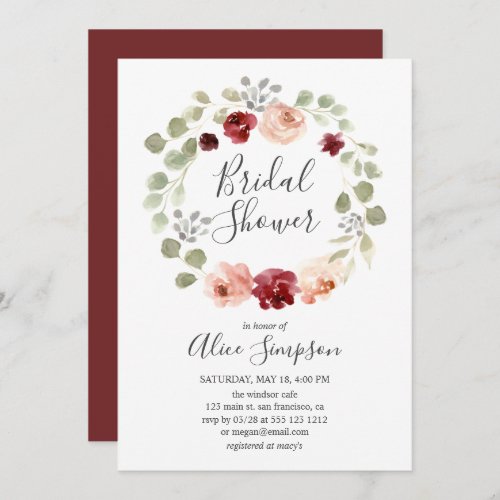 Burgundy Flower Greenery Eucalyptus Bridal Shower Invitation