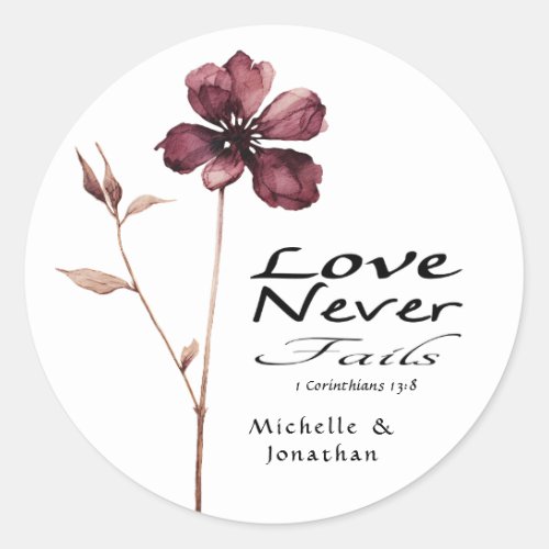  Burgundy Flower Love Never Fails Bible Wedding  Classic Round Sticker