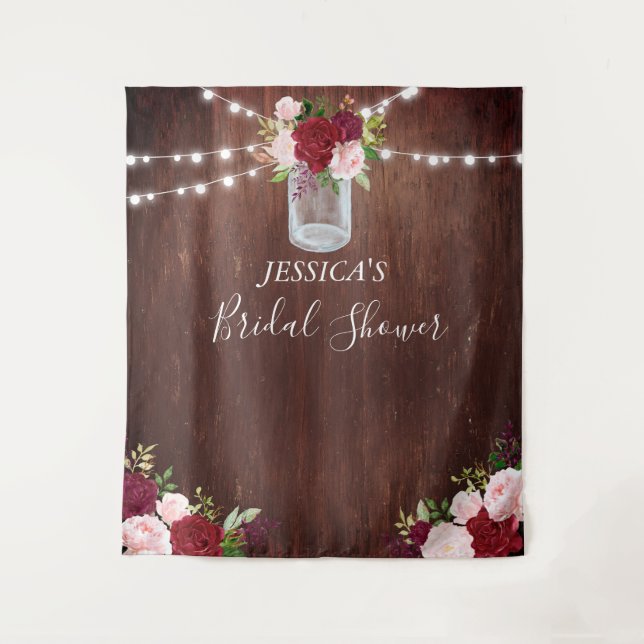 Burgundy Flower Mason Jar Bridal Shower Wood Tapestry (Front)