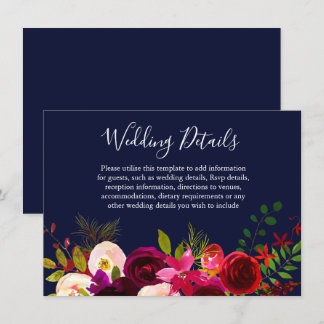 Burgundy Flower Navy Blue Wedding Details Invitation