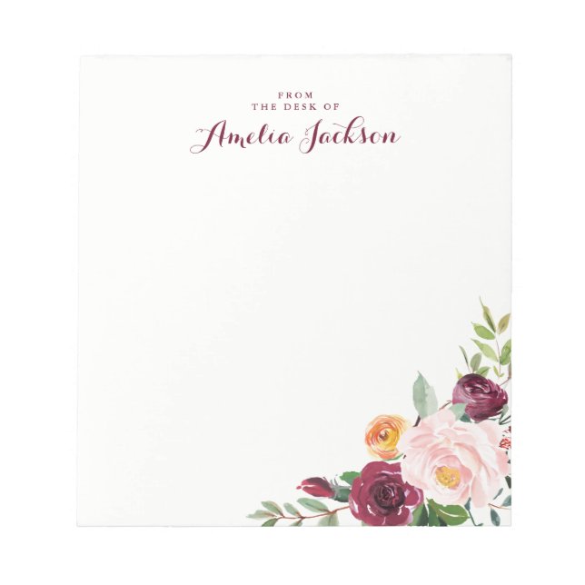 Burgundy Flower Personalized Notepad Stationery (Front)