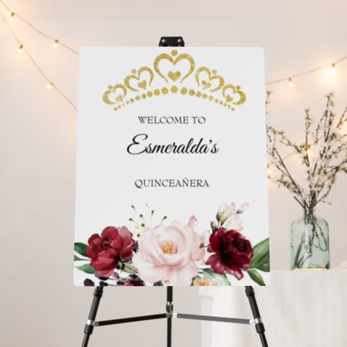 Burgundy flower quinceaera welcome sign