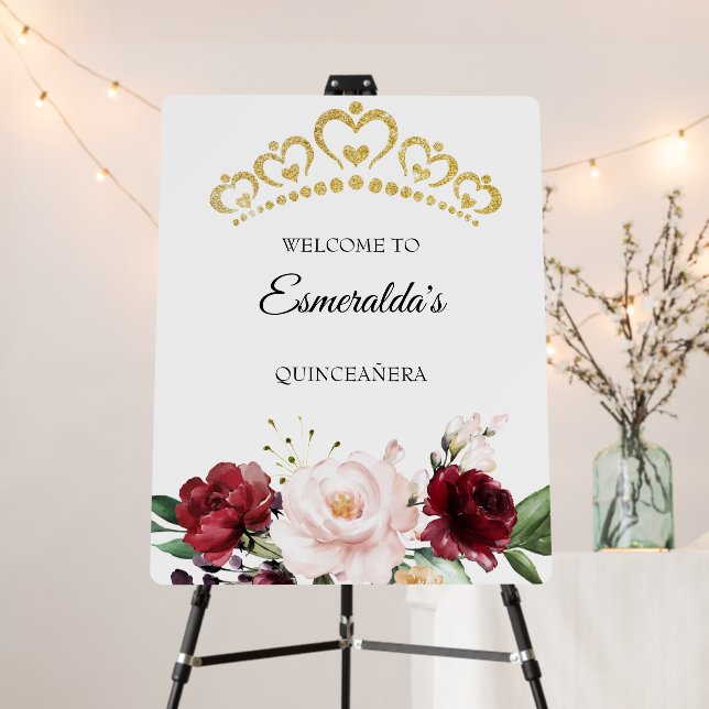 Burgundy flower quinceañera welcome sign (In Situ (Stand))