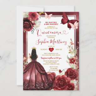 Burgundy Flower Red Princess Butterfly Quinceañera Invitation