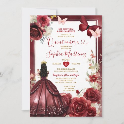 Burgundy Flower Red Princess Butterfly Quinceaera Invitation