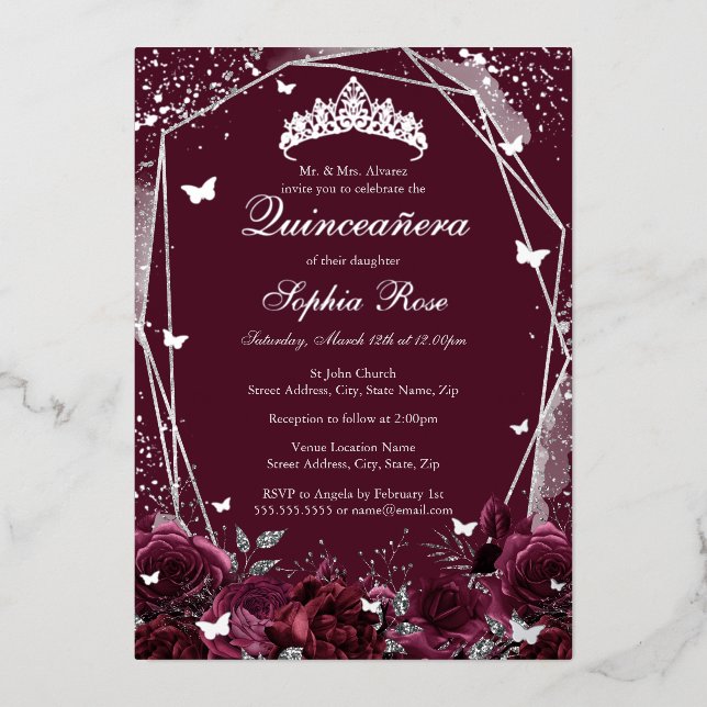 Burgundy Flower Tiara Silver Quinceanera  Foil Invitation (Front)
