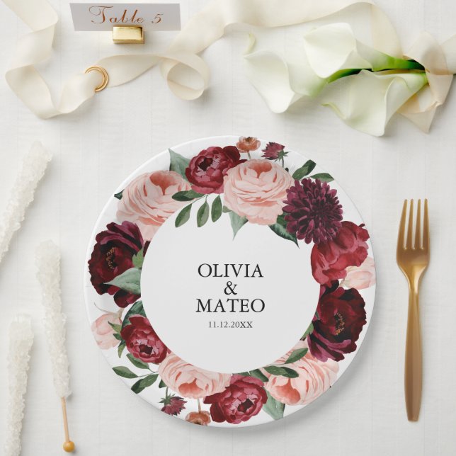 Burgundy Flower Wedding Personalized Paper Plates (Wedding)