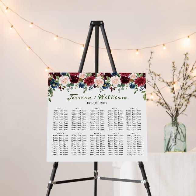Burgundy Flowers 10 Tables Wedding SEATING CHART Foam Board (In Situ (Stand))