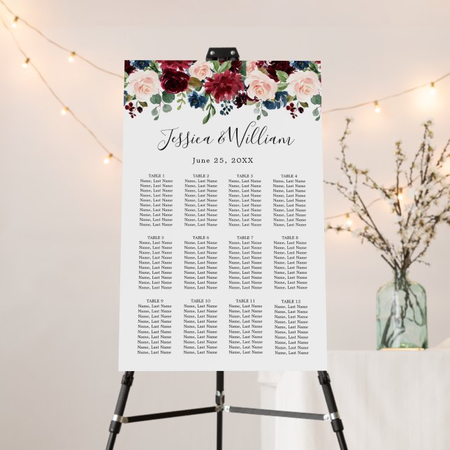 Burgundy Flowers 12 Tables Wedding SEATING CHART Foam Board (In Situ (Stand))