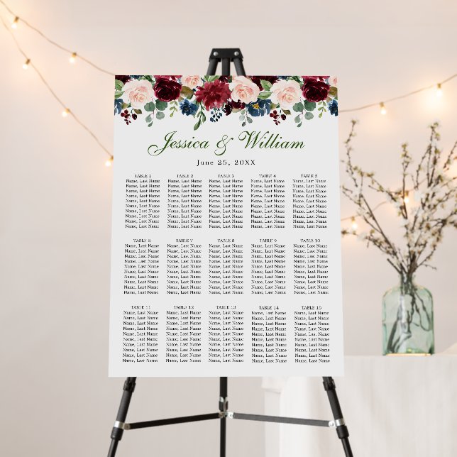 Burgundy Flowers 15 Tables Wedding SEATING CHART Foam Board (In Situ (Stand))