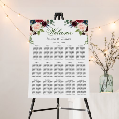 Burgundy Flowers 15 Tables Wedding SEATING CHART Foam Board