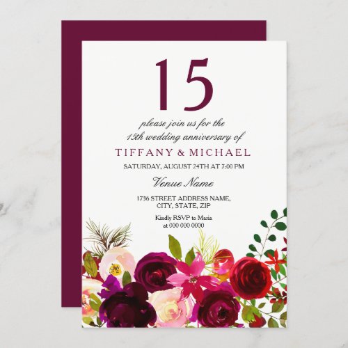 Burgundy Flowers 15th Wedding Anniversary Invite