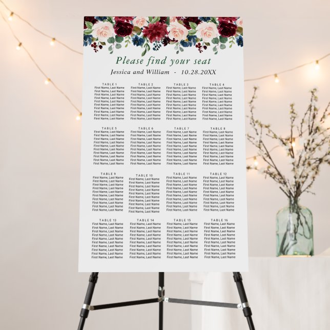 Burgundy Flowers 16 Tables Wedding SEATING CHART Foam Board (In Situ (Stand))