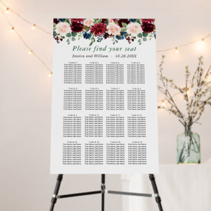 Burgundy Flowers 16 Tables Wedding SEATING CHART Foam Board