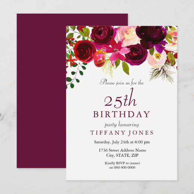 Burgundy Flowers 25th Birthday Party Invitation (Front/Back)