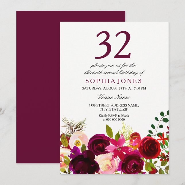 Burgundy Flowers 32nd Birthday Party Invitation (Front/Back)