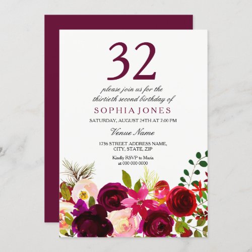 Burgundy Flowers 32nd Birthday Party Invitation