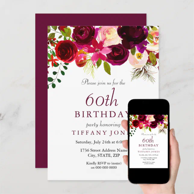 Burgundy Flowers 60th Birthday Party Invitation | Zazzle