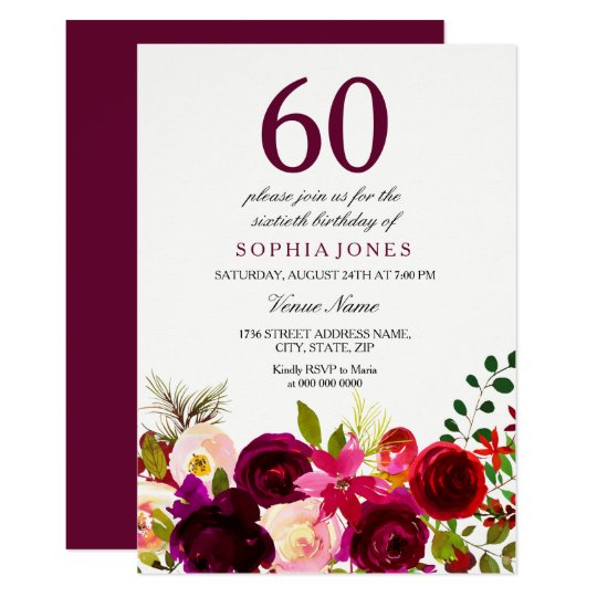 Burgundy Flowers 60th Birthday Party Invitation | Zazzle.com