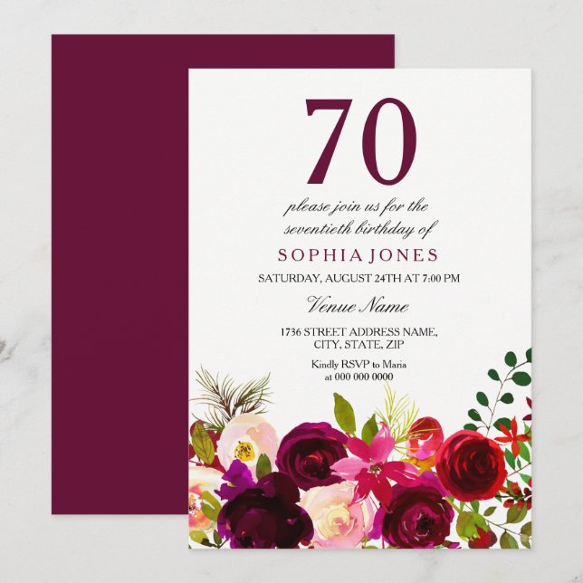 Burgundy Flowers 70th Birthday Party Invitation (Front/Back)