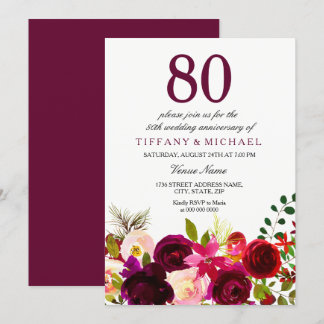 Burgundy Flowers 80th Wedding Anniversary Invite