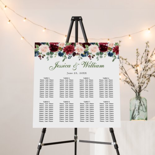 Burgundy Flowers 8 Tables Wedding SEATING CHART Foam Board