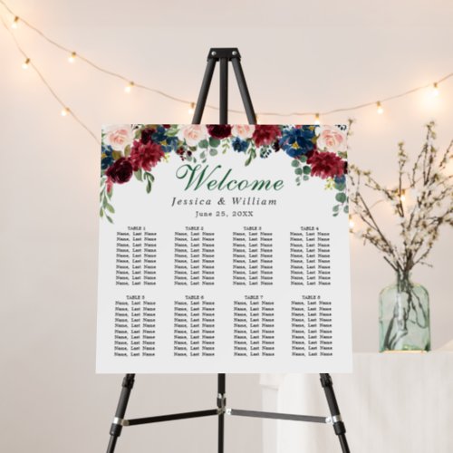 Burgundy Flowers 8 Tables Wedding SEATING CHART Foam Board