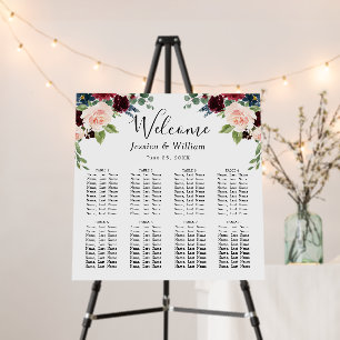 Burgundy Flowers 8 Tables Wedding SEATING CHART Foam Board