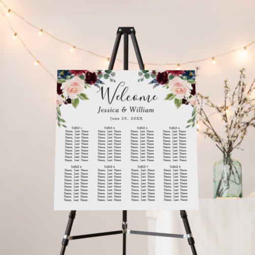 Burgundy Flowers 8 Tables Wedding SEATING CHART Foam Board