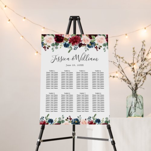 Burgundy Flowers 8 Tables Wedding SEATING CHART Foam Board