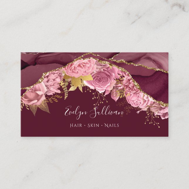 burgundy flowers agate business card (Front)