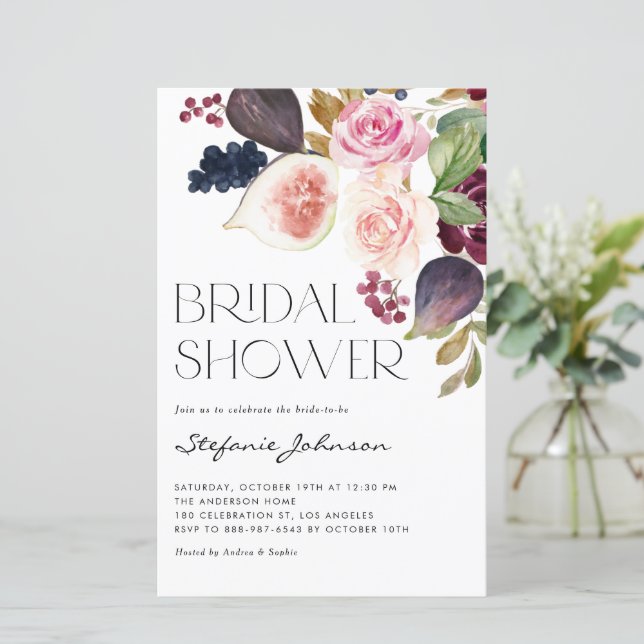 Burgundy Flowers and Figs Bridal Shower Invitation (Standing Front)