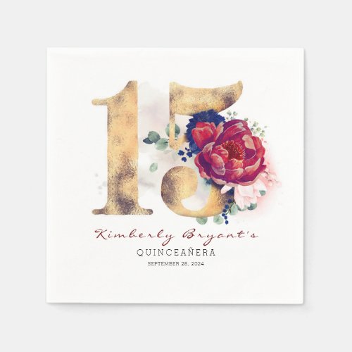 Burgundy Flowers and Gold Typography 15th Birthday Napkins