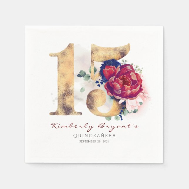 Burgundy Flowers and Gold Typography 15th Birthday Napkins (Front)