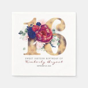 Burgundy Flowers and Gold Typography 16th Birthday Napkins