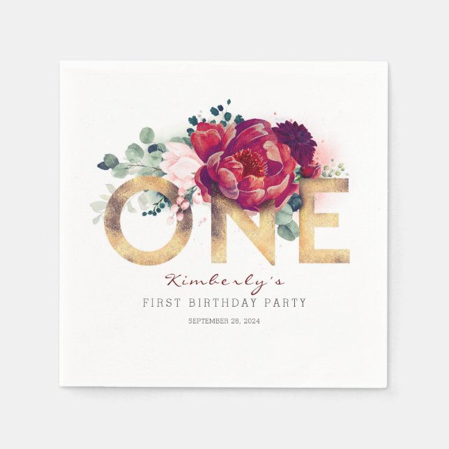 Burgundy Flowers and Gold Typography 1st Birthday Napkins (Front)