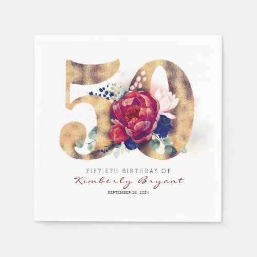 Burgundy Flowers and Gold Typography 50th Birthday Napkins