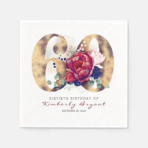 Burgundy Flowers and Gold Typography 60th Birthday Napkins