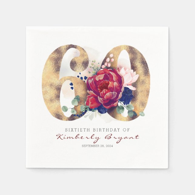 Burgundy Flowers and Gold Typography 60th Birthday Napkins (Front)