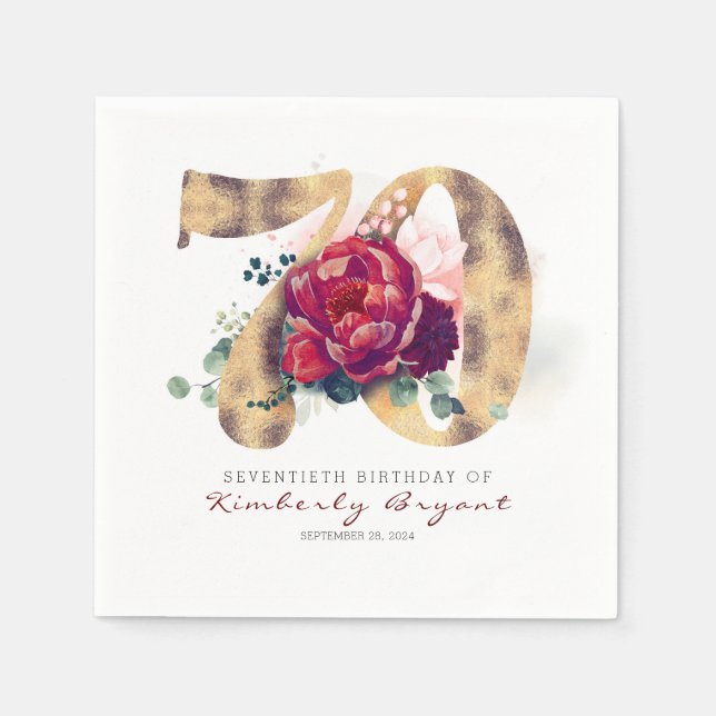 Burgundy Flowers and Gold Typography 70th Birthday Napkins (Front)