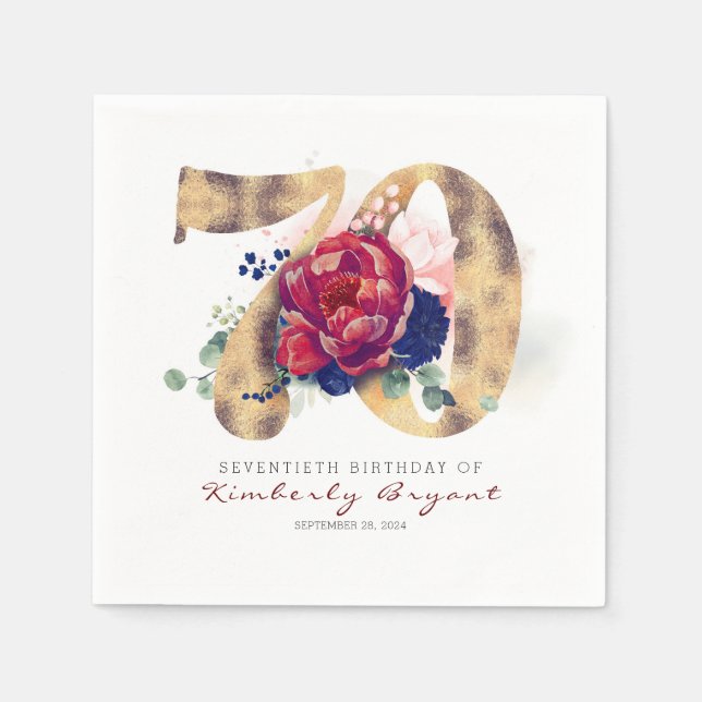 Burgundy Flowers and Gold Typography 70th Birthday Napkins (Front)