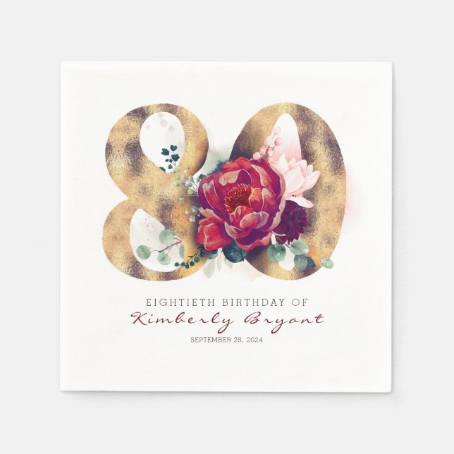 Burgundy Flowers and Gold Typography 80th Birthday Napkins (Front)