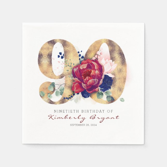 Burgundy Flowers and Gold Typography 90th Birthday Napkins (Front)
