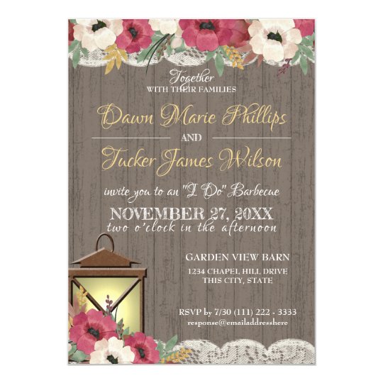 Burgundy Flowers And Lantern Bbq Wedding Reception Invitation