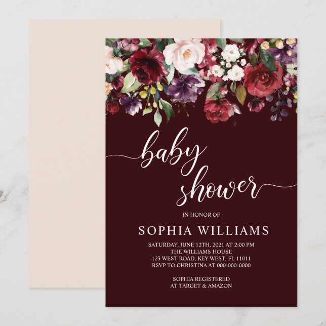 Burgundy Flowers Baby Shower Invitation (Front/Back)