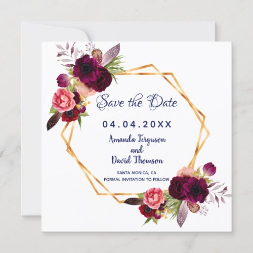 Burgundy Flowers Blue Wedding Save the date