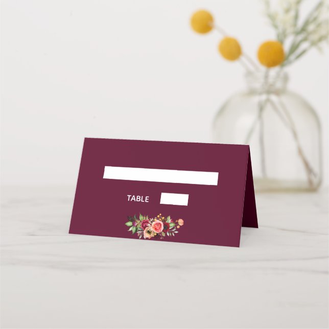 Burgundy flowers boho wedding place card (Back)