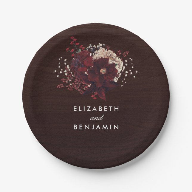 Burgundy Flowers Bouquet Rustic Bouquet Fall Paper Plates (Front)