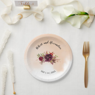 Burgundy Flowers Bridal Shower Wedding Reception Paper Plates